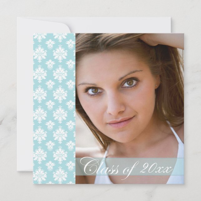 Blue damask photo graduation party announcement (Front)