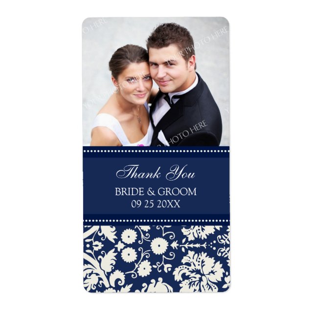 Blue Damask Photo Wedding Labels (Front)