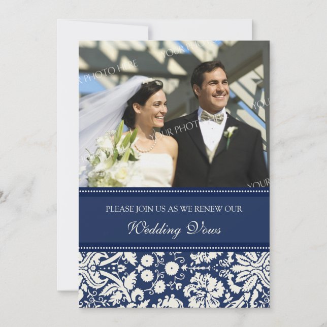 Blue Damask Photo Wedding Vow Renewal Invitations (Front)