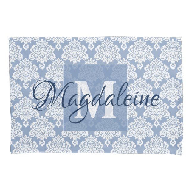 Blue Damask Pillow Case with Monogram & Name (Front)