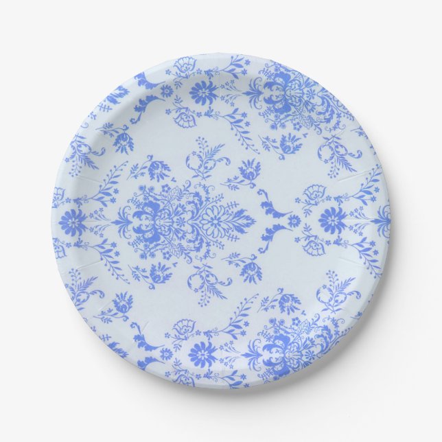 Blue Damask Pretty Print Paper Plate (Front)