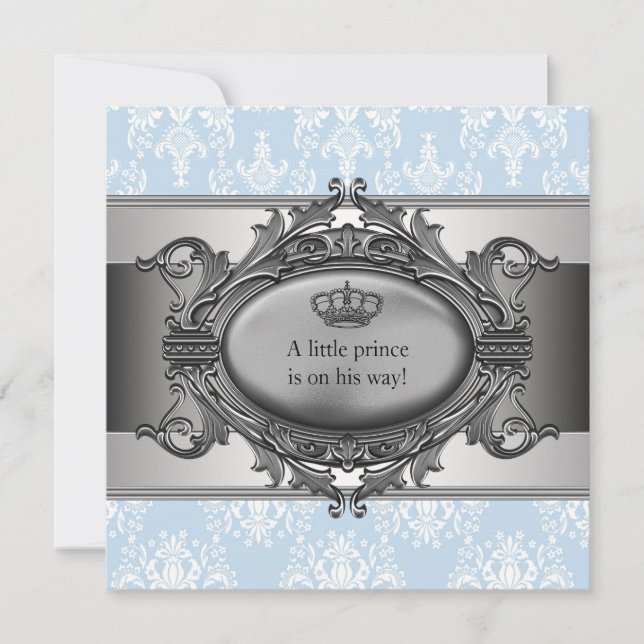 Blue Damask Prince Baby Boy Shower Invitation (Front)