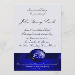 Blue Damask Ribbon Graduation Invitation