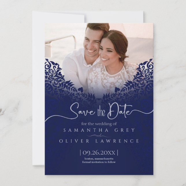 Blue Damask Save the Date Card with Custom Photo (Front)