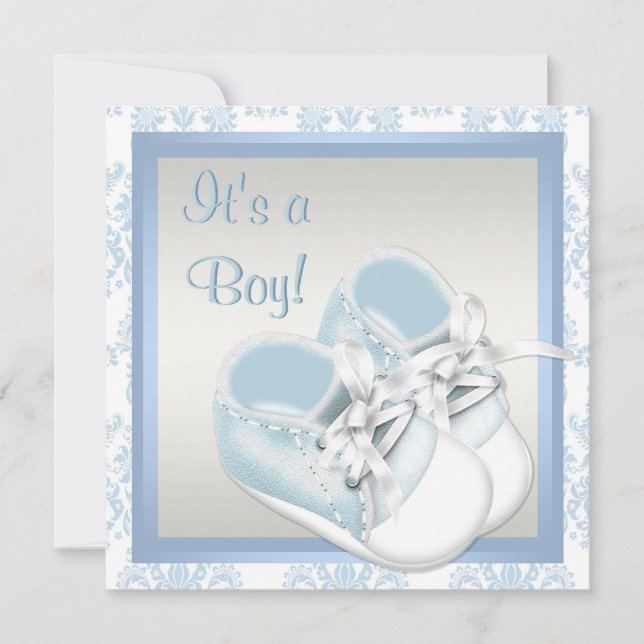 Blue Damask Shoes Blue Damask Baby Boy Shower Invitation (Front)