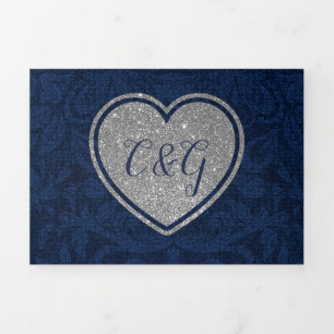 Blue Damask Silver Heart All in One Wedding Tri-Fold Invitation