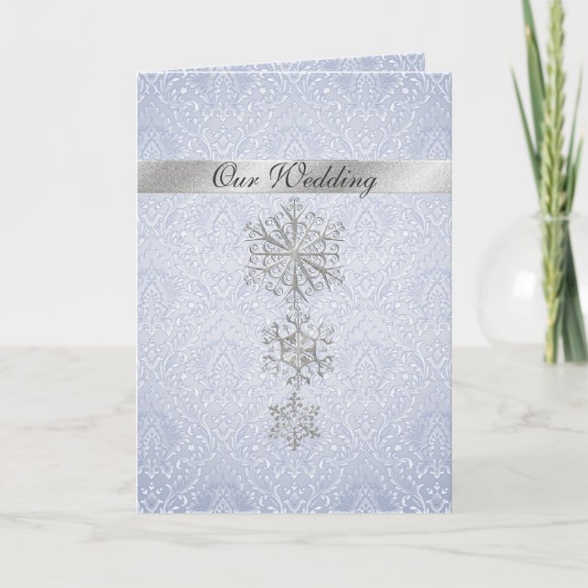 Blue Damask & Snowflakes Winter Wedding Invitation (Front)