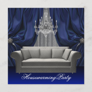 Blue Damask Sofa Chandelier Housewarming Party Invitation