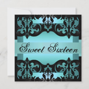 Blue Damask Sweet16 Elegant Birthday Invite