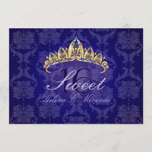 Blue Damask Sweet 16/ tiara/indigo invitations