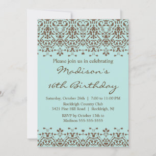 Blue Damask Sweet Sixteen Birthday Invitation