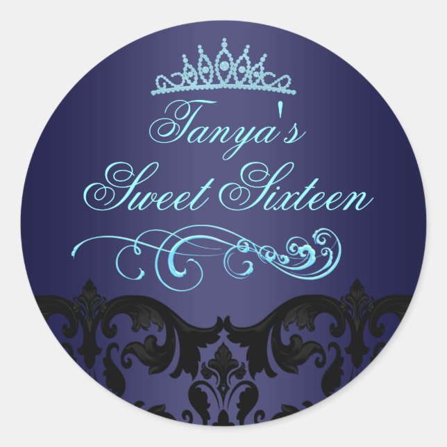 Blue Damask & Swirl Sweet 16 Envelope Sticker/seal Classic Round Sticker (Front)
