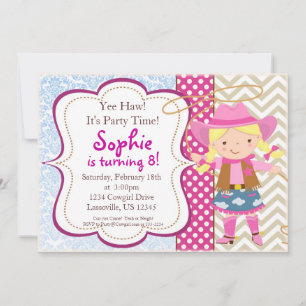 Blue Damask, Tan Chevron Cowgirl Birthday Party Invitation
