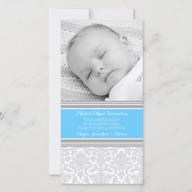 Blue Damask Thank You Baby Shower Photo Cards (Front)