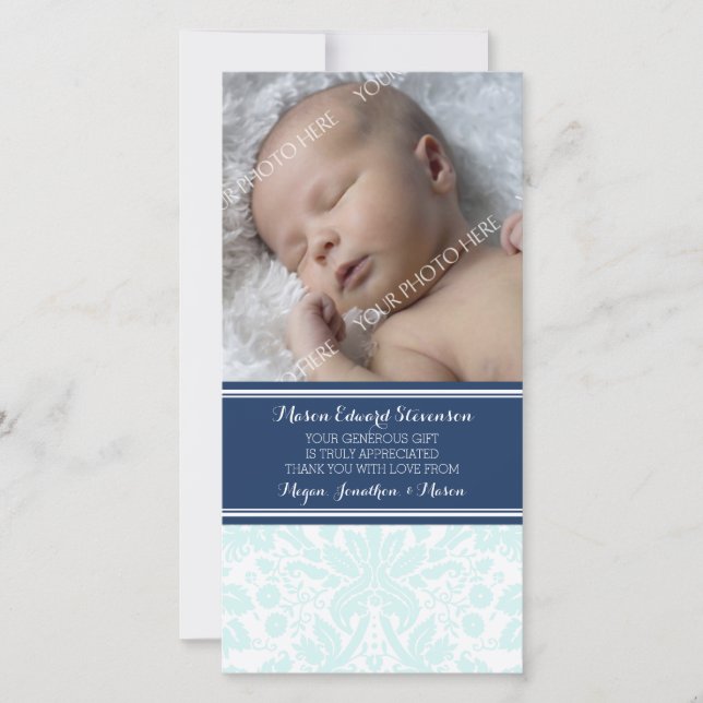 Blue Damask Thank You Baby Shower Photo Cards (Front)