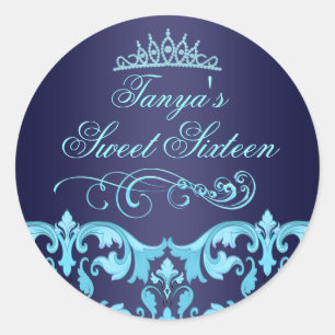 Blue Damask & Tiara Sweet 16 Envelope Sticker/seal Classic Round Sticker