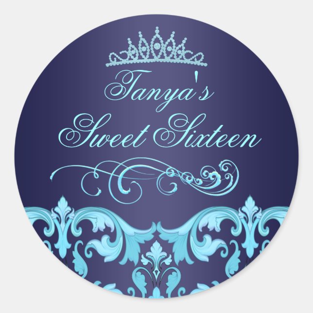 Blue Damask & Tiara Sweet 16 Envelope Sticker/seal Classic Round Sticker (Front)