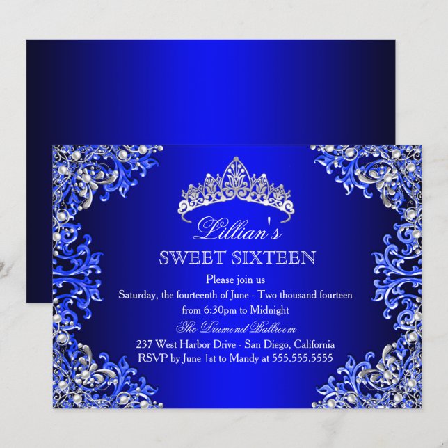 Blue Damask Tiara Sweet 16 Invitation (Front/Back)