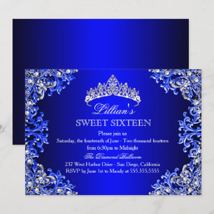Blue Damask Tiara Sweet 16 Invitation