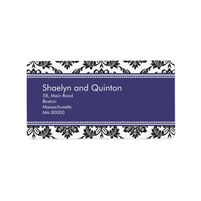 Blue Damask Wedding Address Labels (Front)