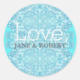Blue Damask Wedding Classic Round Sticker