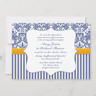 Blue Damask Wedding Flat Invitation