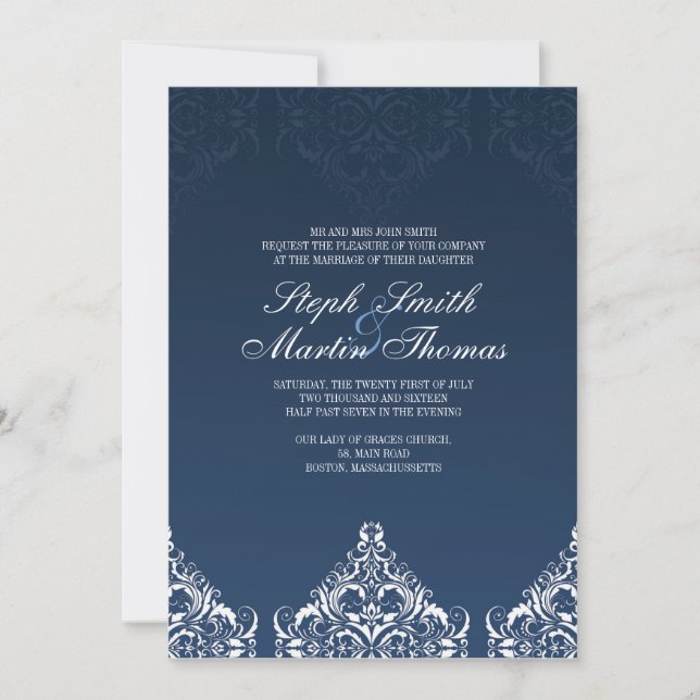 Blue Damask Wedding Invitation (Front)