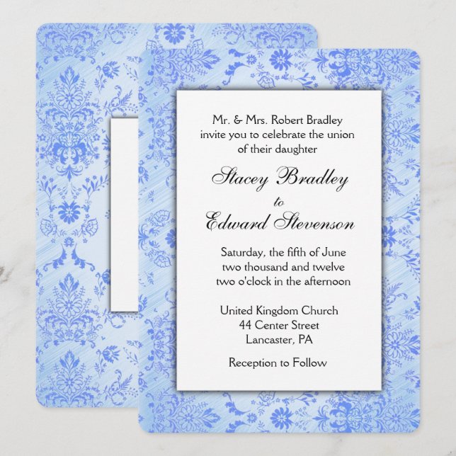 Blue Damask Wedding Invitation (Front/Back)