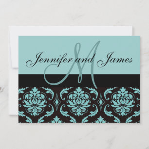 Blue Damask Wedding Invitation Monogram Names