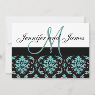 Blue Damask Wedding Invitation with Monogram Names