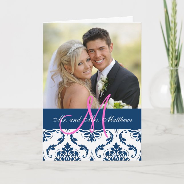 Blue Damask Wedding Photo Thank You Card (Front)