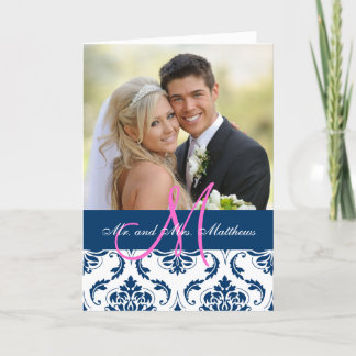 Blue Damask Wedding Photo Thank You Card