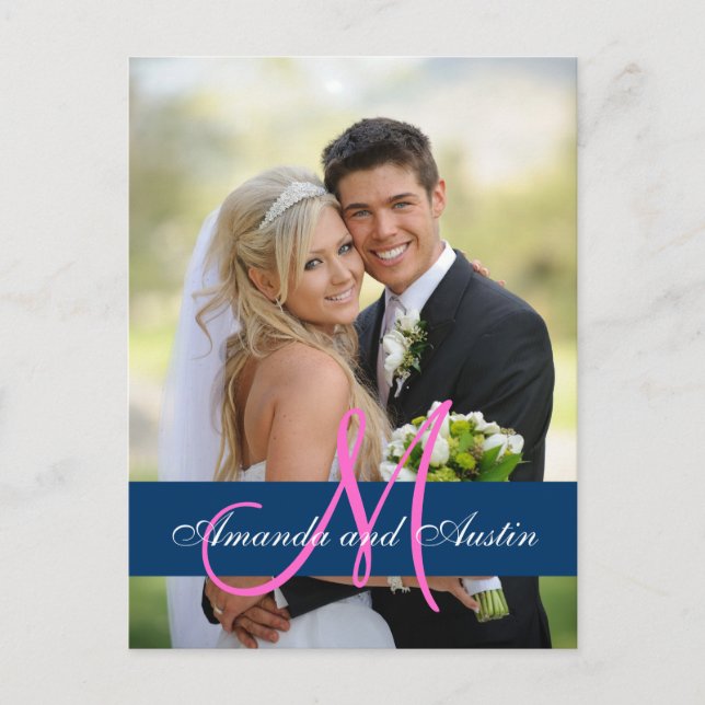 Blue Damask Wedding Photo Thank You Postcard (Front)