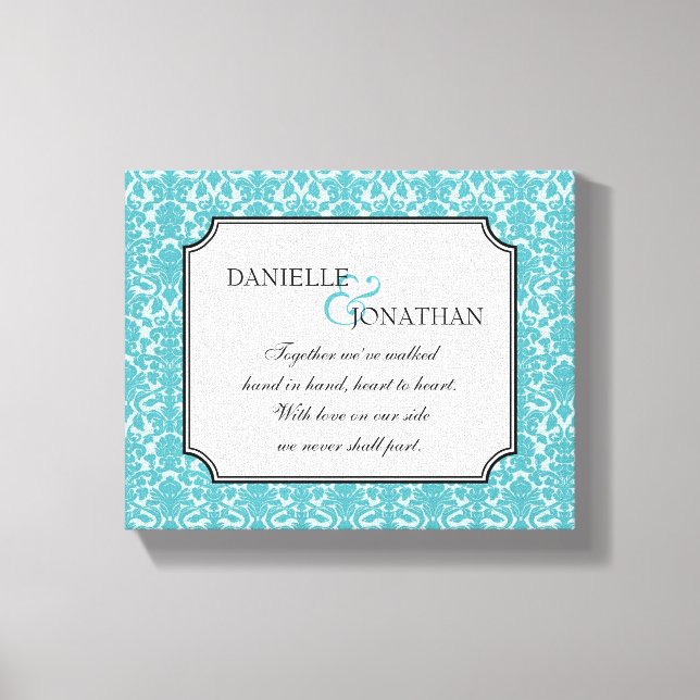 Blue damask wedding quote personalised canvas art (Front)