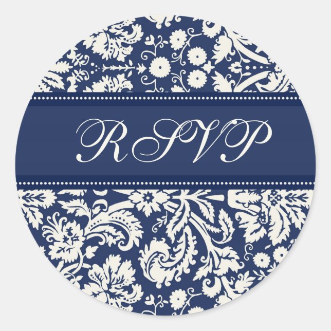 Blue Damask Wedding RSVP Envelope Seals (Front)