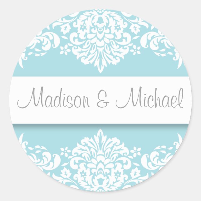 blue Damask Wedding Stickers (Front)