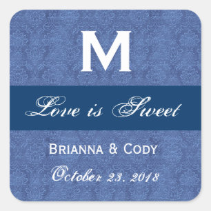 Blue Damask WeddingMonogram Square Sticker