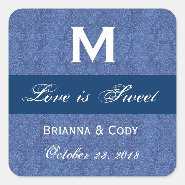 Blue Damask WeddingMonogram Square Sticker (Front)