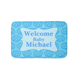Blue Damask Welcome Name Personalised Baby Boy Rug