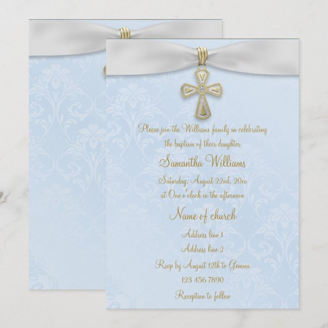 Blue Damask, White Ribbon & Gold Cross Baptism Invitation (Front/Back)