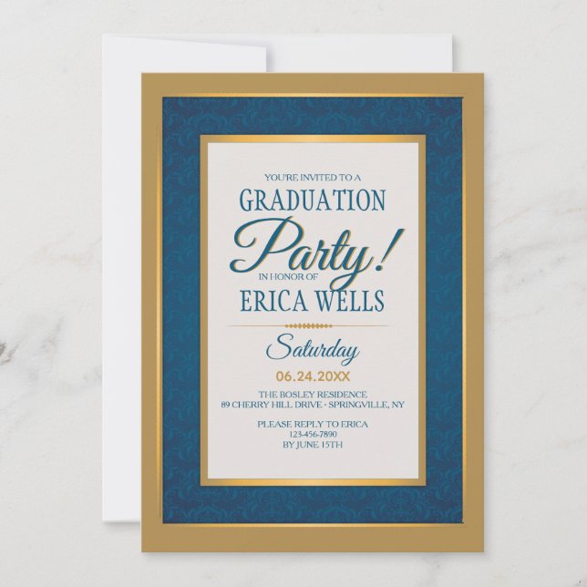 Blue Damask With Gold Trim Graduation Invitation (Front)
