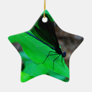 Blue Damselfly on a green leaf. Ceramic Tree Decoration