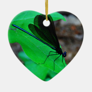 Blue Damselfly on a green leaf. Ceramic Tree Decoration