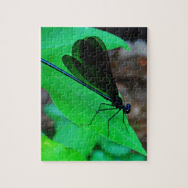 Blue Damselfly on a green leaf. Jigsaw Puzzle (Vertical)