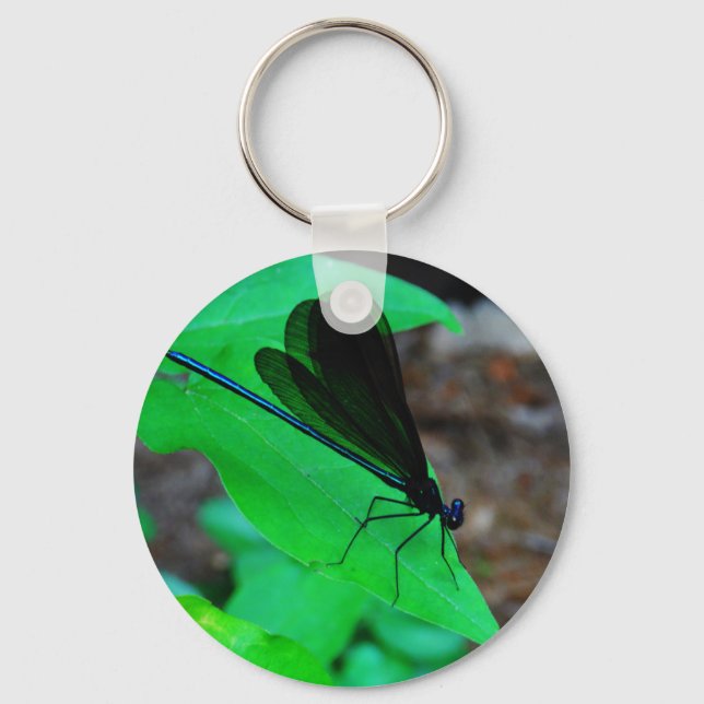 Blue Damselfly on a green leaf. Key Ring (Front)