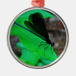 Blue Damselfly on a green leaf. Metal Tree Decoration
