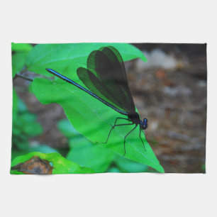 Blue Damselfly on a green leaf. Tea Towel