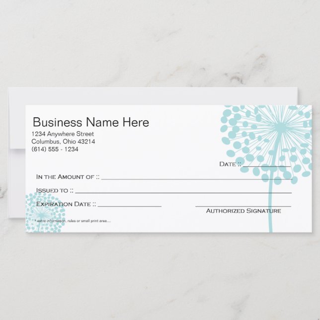 Blue Dandelion Flower Gift Certificate Design 3 (Front)