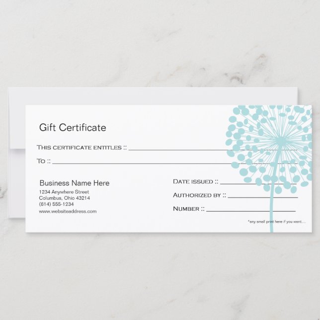 Blue Dandelion Flower Gift Certificate Design 4 (Front)