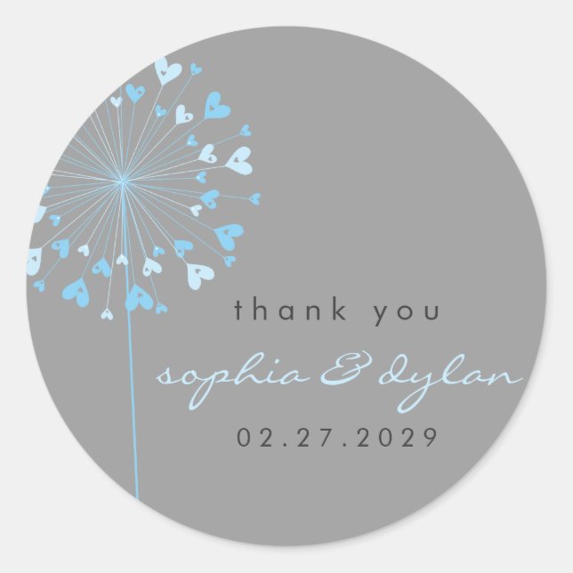 Blue Dandelion Flower Love Hearts Summer Wedding Classic Round Sticker (Front)